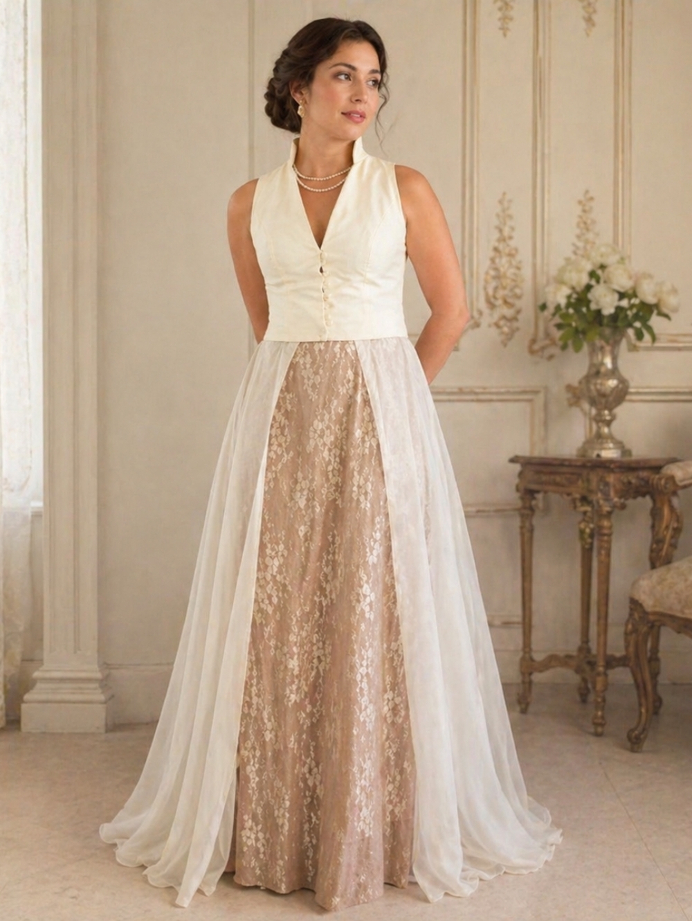 Vintage Ivory Lace Overlay Gold Brocade Gown Bridgerton Cottagecore Dress